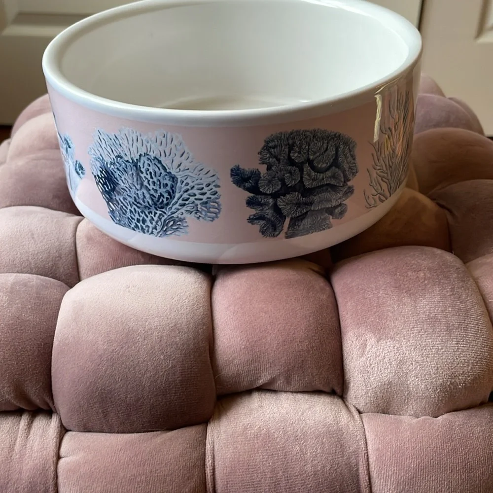 Ceramic Dog Bowl with blue ocean coral print on pink background